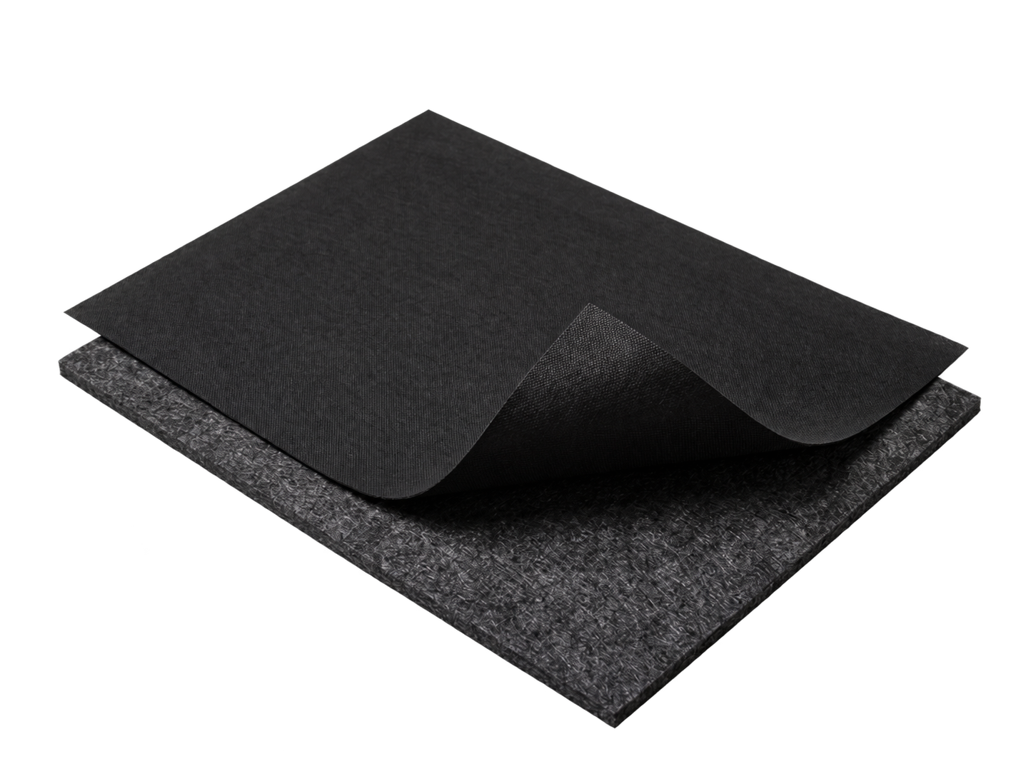 Two gently folded textile swatches: anthracite outer felt and a black spunbond nonwoven Aqua Breathe inner layer