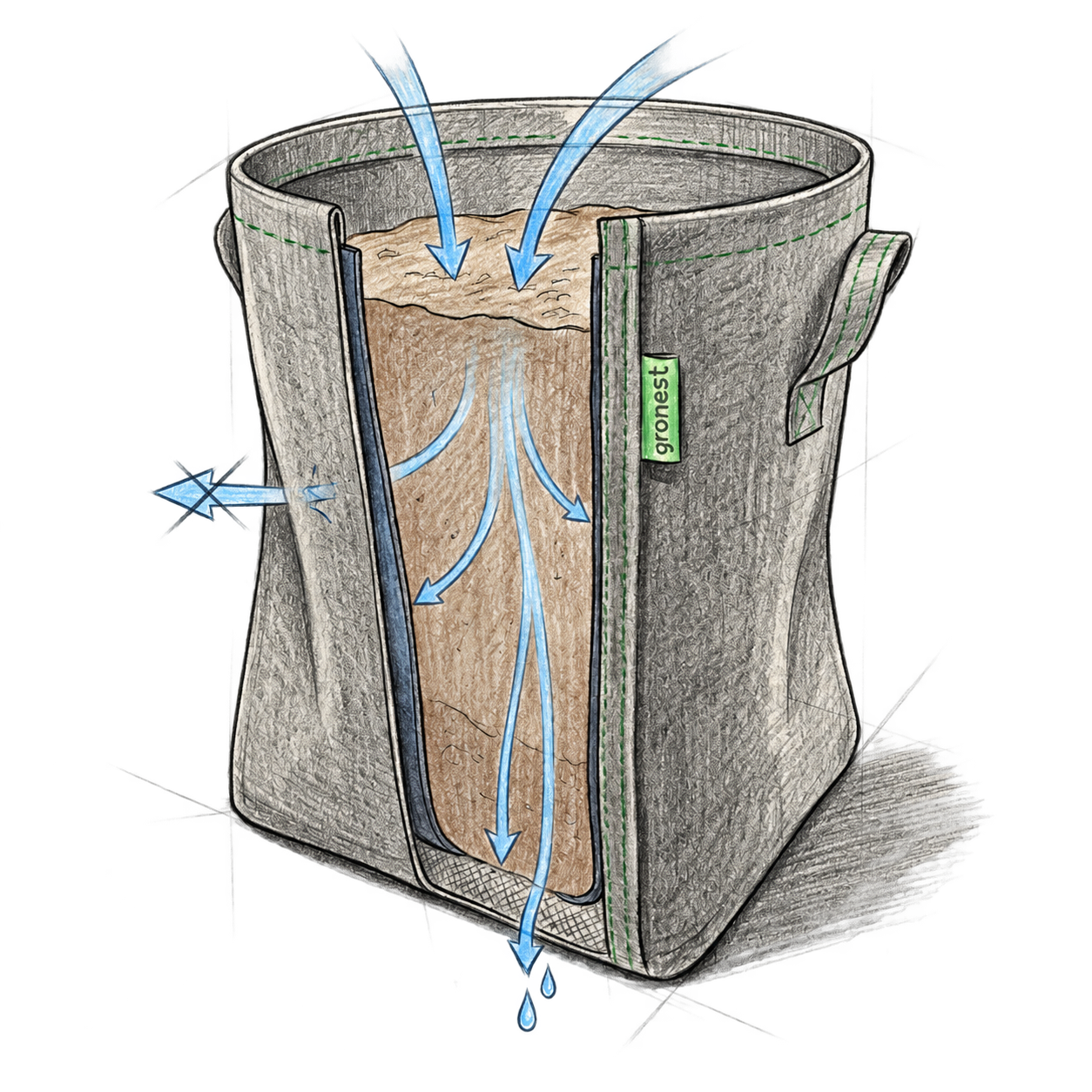 Pot cross-section showing water moving down through the growing medium and draining through the permeable base