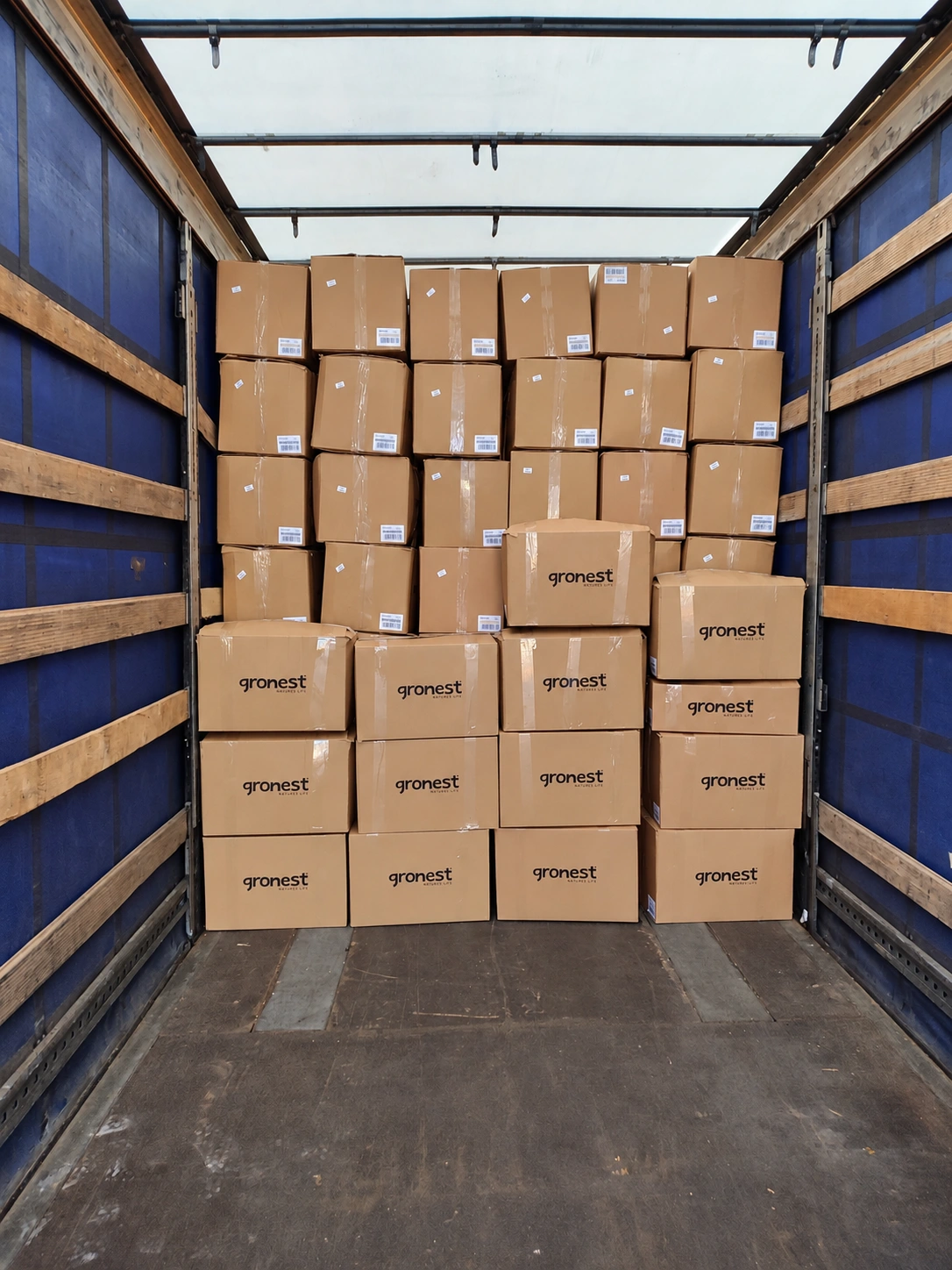 Boxes of Gronest products ready for distribution