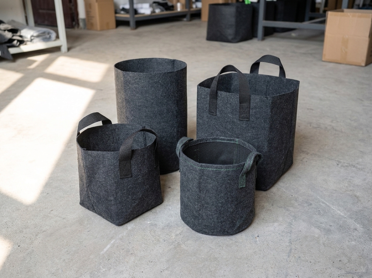 Four fabric-pot concepts with different bases, heights and handles
